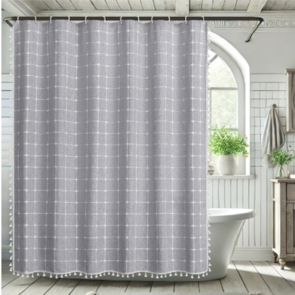 Farmhouse Shower Curtain 72 x 71.5 Gray Linen Boho Large White Check Fringe NEW - Picture 1 of 14